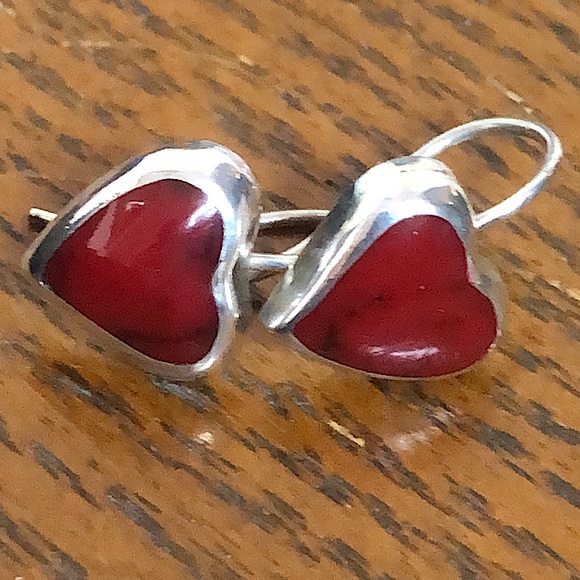 TAXCO Sterling Silver Red Jasper Heart Cabochon Drop Dangle Earrings - Picture 12 of 16